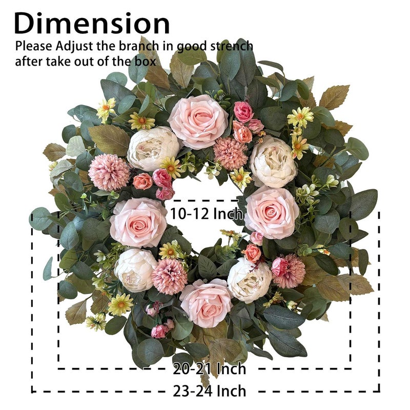 WANNA-CUL 24 Inch Spring Valentines Day Peony Wreaths for Front Door,Spring Mothers Day Wreath Gifts Decorations with Pink Rose and Pompon Button Chrysanthemum for Indoor&Outdoor Decor - Image 2
